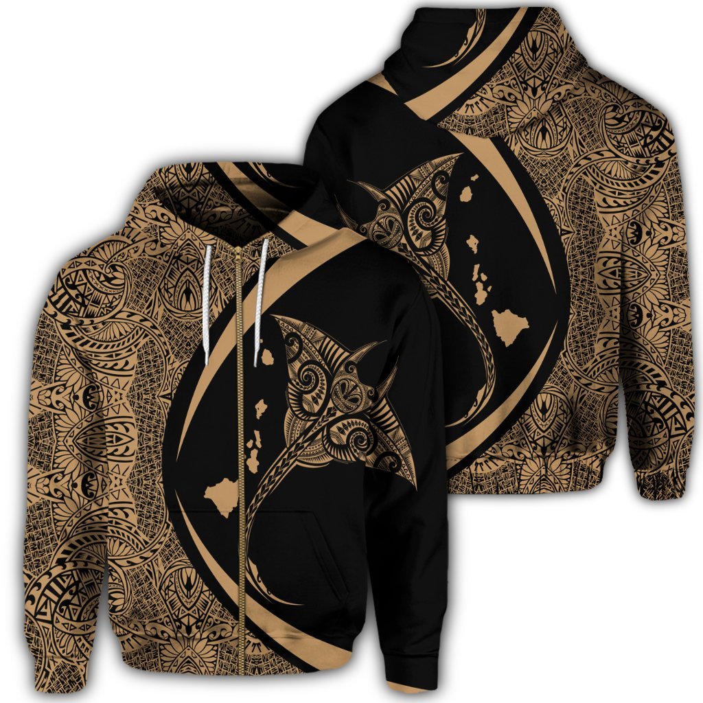 Hawaiian Map Manta Ray Polynesian Zip Hoodie Gold Unisex Art - Polynesian Pride