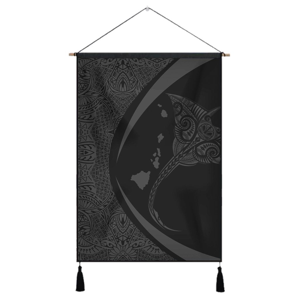 Hawaiian Map Manta Ray Polynesian Hanging Poster - Gray - Circle Style - AH Hanging Poster Cotton And Linen - Polynesian Pride