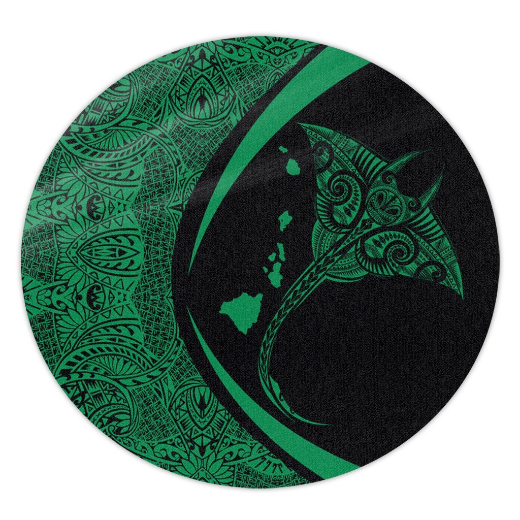 Hawaiian Map Manta Ray Polynesian Round Carpet - Green - Circle Style - AH Round Carpet Luxurious Plush - Polynesian Pride