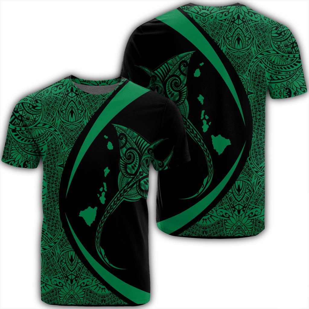 Hawaiian Map Manta Ray Polynesian T Shirt Green Circle Style Unisex Black - Polynesian Pride