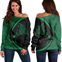 Hawaiian Map Manta Ray Polynesian Women's Off Shoulder Sweater - Green - Circle Style - AH Black - Polynesian Pride
