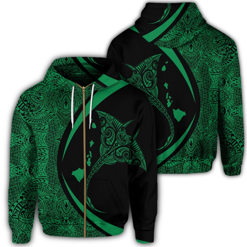 Hawaiian Map Manta Ray Polynesian Zip Hoodie Green Circle Style Unisex Art - Polynesian Pride