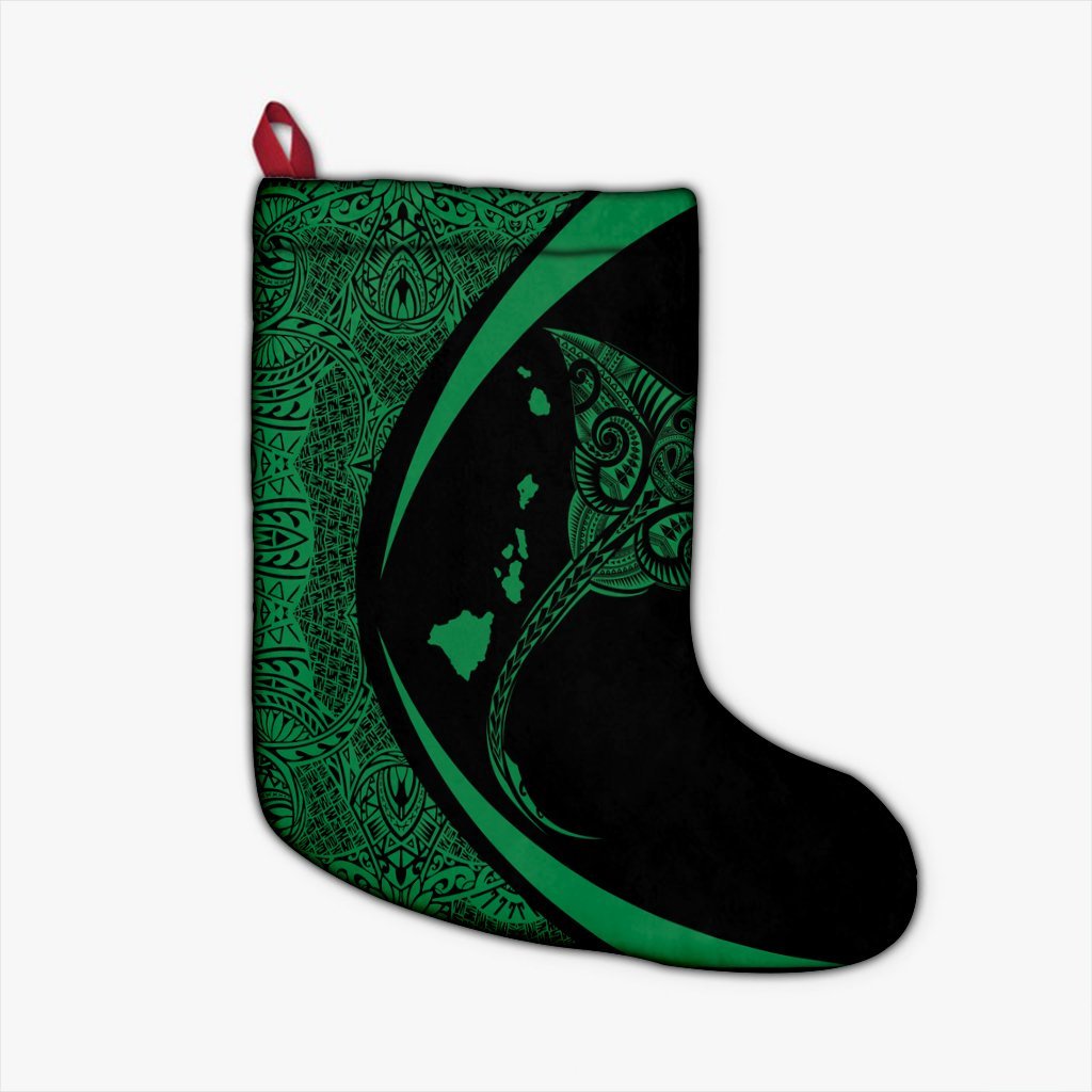 Hawaiian Map Manta Ray Polynesian Christmas Stocking - Green - Circle Style - AH Christmas Stocking 26 X 42 cm Black - Polynesian Pride