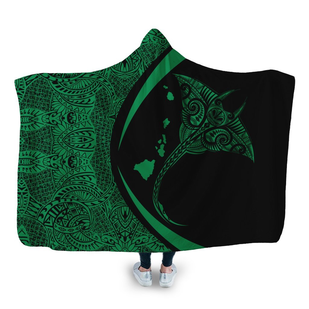 Hawaiian Map Manta Ray Polynesian Hooded Blanket - Green - Circle Style - AH Hooded Blanket White - Polynesian Pride