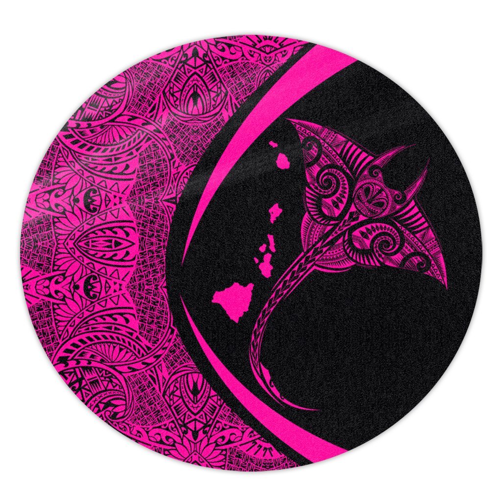 Hawaiian Map Manta Ray Polynesian Round Carpet - Pink - AH Round Carpet Luxurious Plush - Polynesian Pride