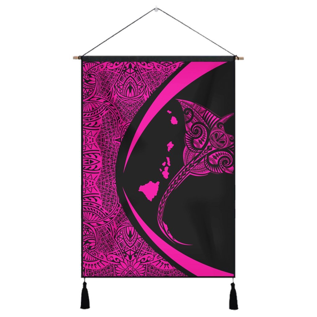 Hawaiian Map Manta Ray Polynesian Hanging Poster - Pink - AH Hanging Poster Cotton And Linen - Polynesian Pride