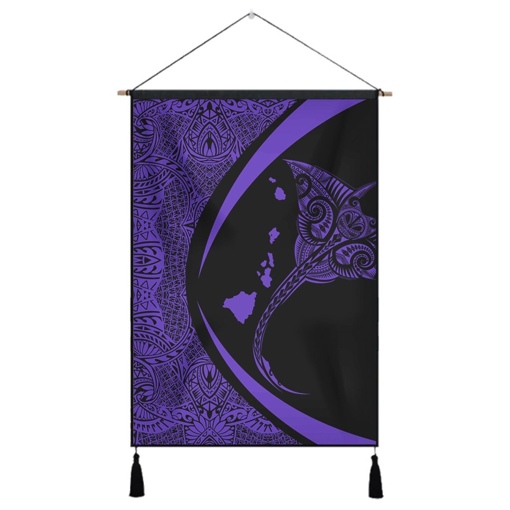 Hawaiian Map Manta Ray Polynesian Hanging Poster - Purple - Circle Style - AH Hanging Poster Cotton And Linen - Polynesian Pride