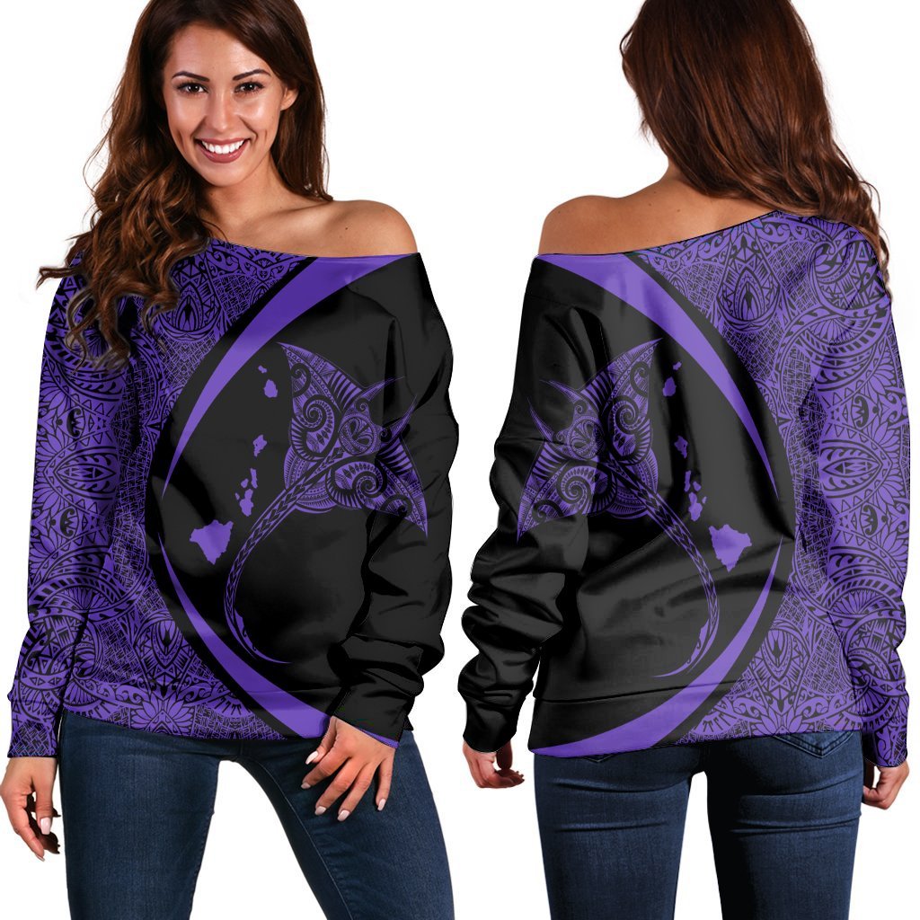 Hawaiian Map Manta Ray Polynesian Women's Off Shoulder Sweater - Purple - Circle Style - AH Black - Polynesian Pride