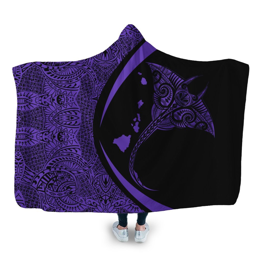 Hawaiian Map Manta Ray Polynesian Hooded Blanket - Purple - Circle Style - AH Hooded Blanket White - Polynesian Pride