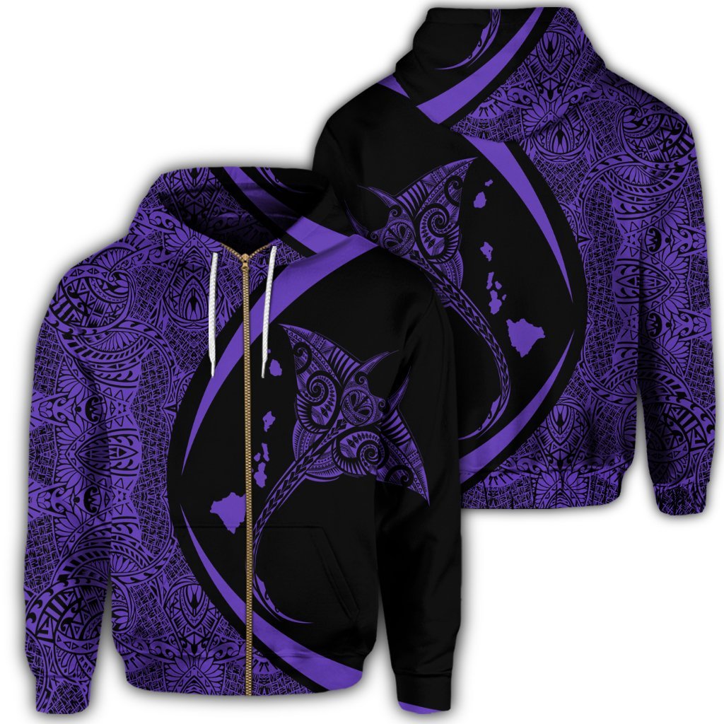 Hawaiian Map Manta Ray Polynesian Zip Hoodie Purple Circle Style Unisex Art - Polynesian Pride