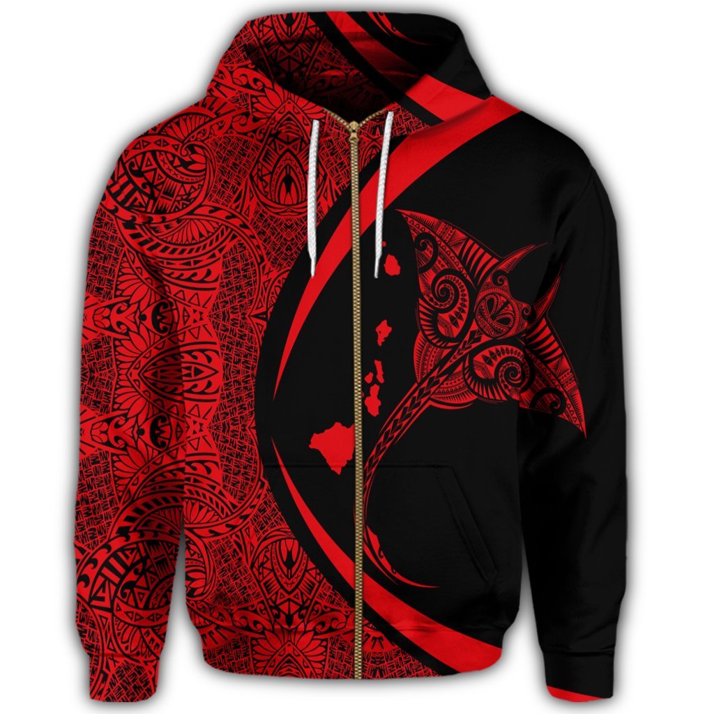 Hawaiian Map Manta Ray Polynesian Zip Hoodie Red - Polynesian Pride