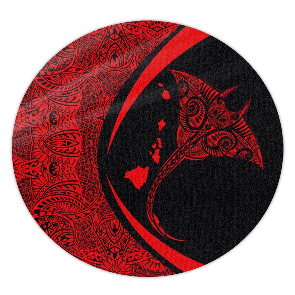 Hawaiian Map Manta Ray Polynesian Round Carpet - Red - AH Round Carpet Luxurious Plush - Polynesian Pride