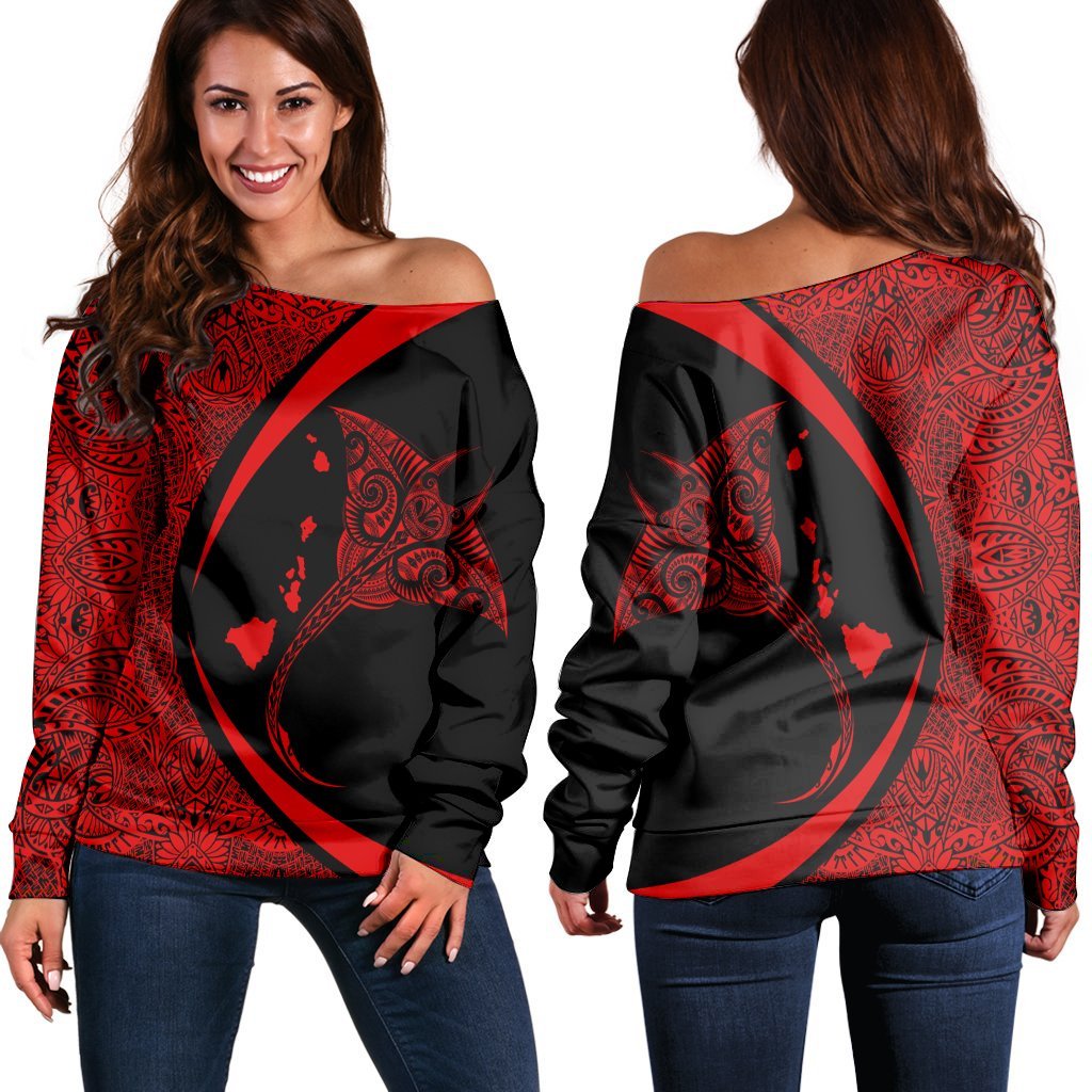 Hawaiian Map Manta Ray Polynesian Women's Off Shoulder Sweater - Red - AH Black - Polynesian Pride