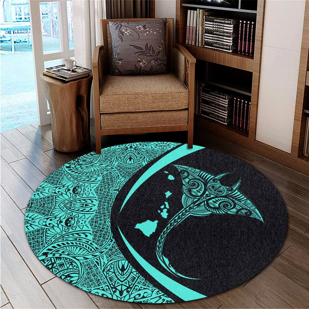 Hawaiian Map Manta Ray Polynesian Round Carpet - Turquoise - Circle Style - AH - Polynesian Pride