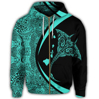 Hawaiian Map Manta Ray Polynesian Zip Hoodie Turquoise Circle Style - Polynesian Pride