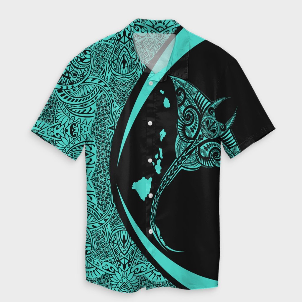 Hawaiian Map Manta Ray Polynesian Hawaiian Shirt - Turquoise - Circle Style - AH Unisex Black - Polynesian Pride