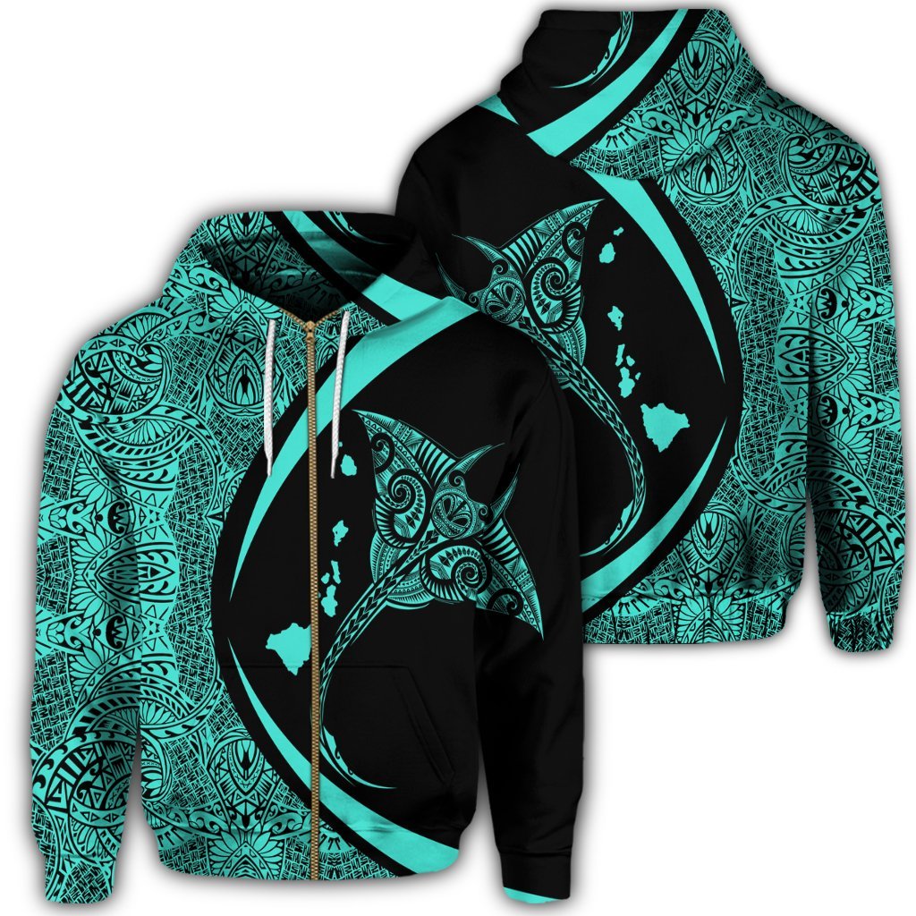 Hawaiian Map Manta Ray Polynesian Zip Hoodie Turquoise Circle Style Unisex Art - Polynesian Pride