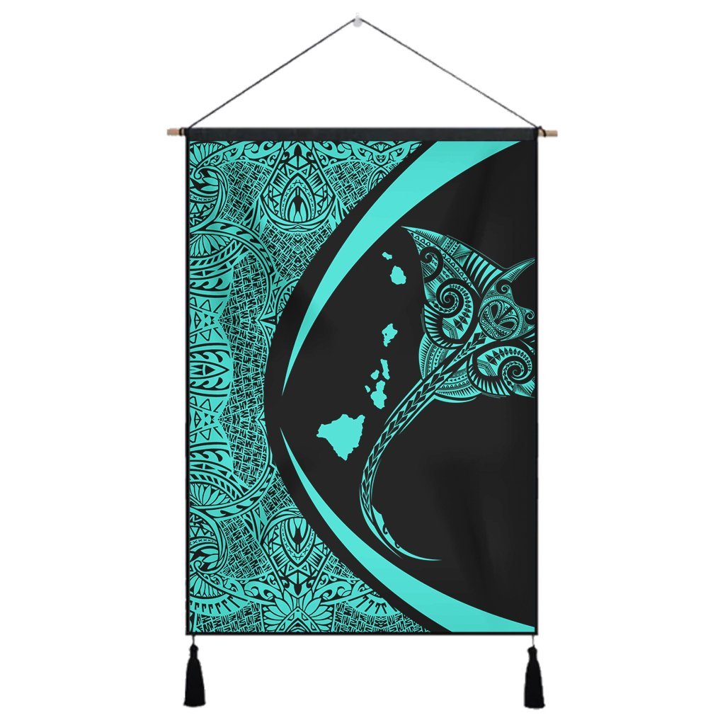 Hawaiian Map Manta Ray Polynesian Hanging Poster - Turquoise - Circle Style - AH Hanging Poster Cotton And Linen - Polynesian Pride