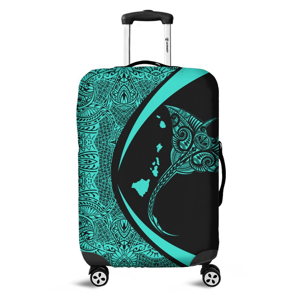 Hawaiian Map Manta Ray Polynesian Luggage Covers - Turquoise - Circle Style - AH Black - Polynesian Pride