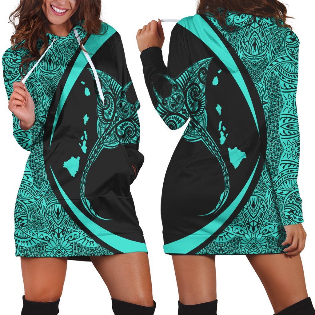 Hawaiian Map Manta Ray Polynesian Hoodie Dress - Turquoise - Circle Style - AH Black - Polynesian Pride