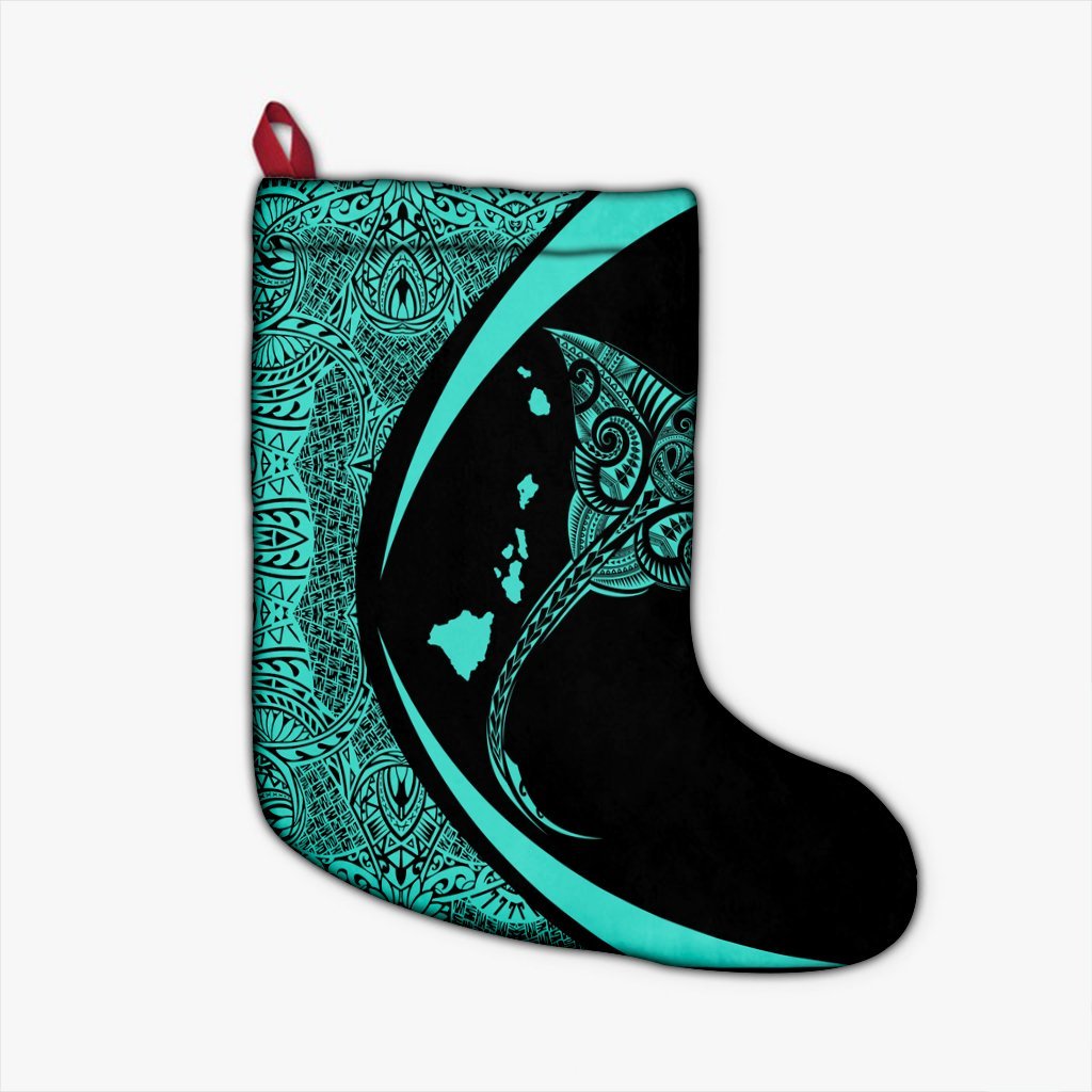 Hawaiian Map Manta Ray Polynesian Christmas Stocking - Turquoise - Circle Style - AH Christmas Stocking 26 X 42 cm Black - Polynesian Pride