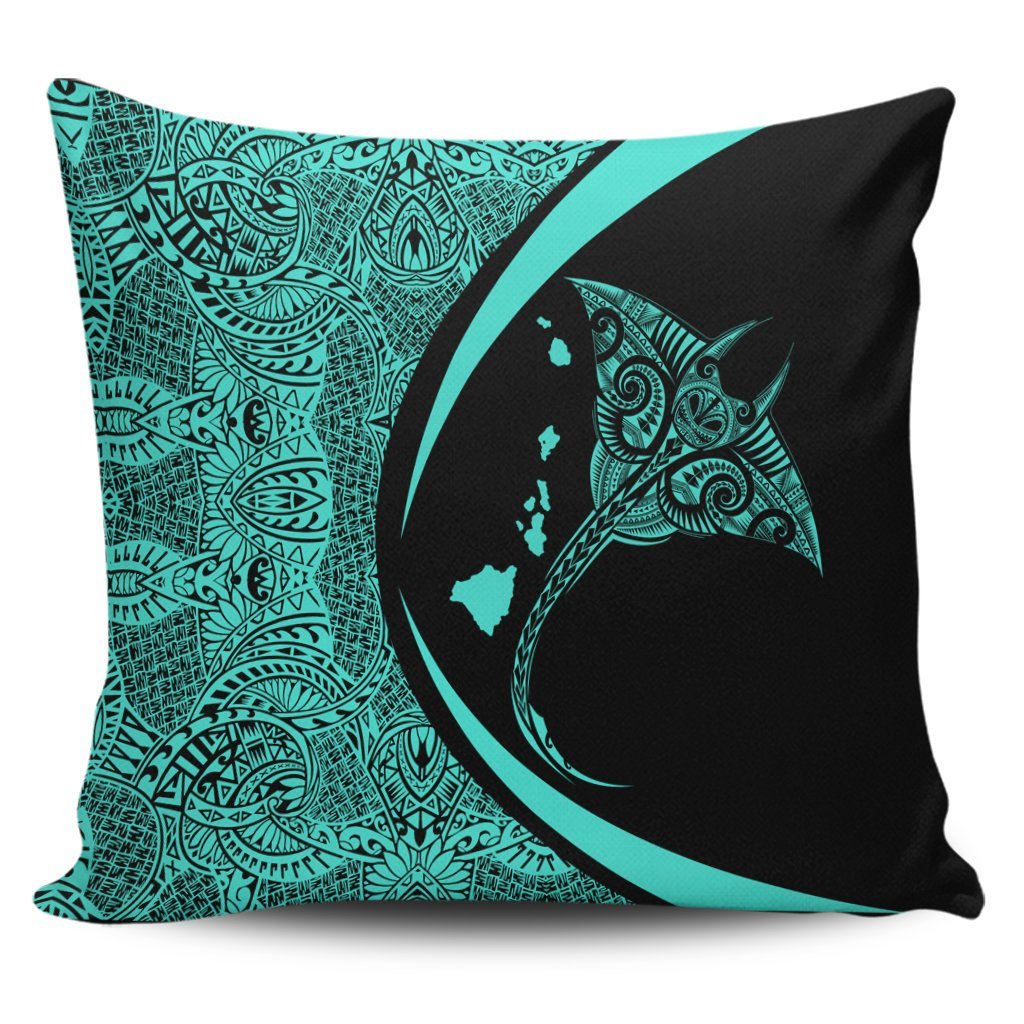 Hawaiian Map Manta Ray Polynesian Pillow Covers - Turquoise - Circle Style - AH Pillow Covers Black - Polynesian Pride