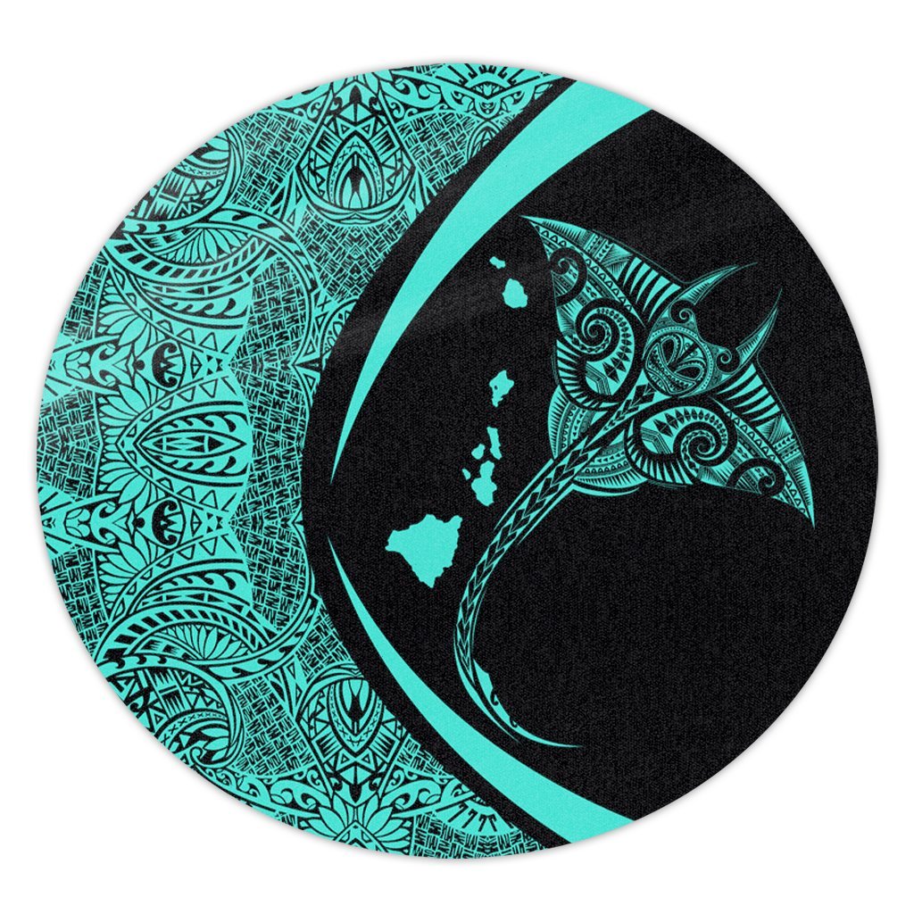 Hawaiian Map Manta Ray Polynesian Round Carpet - Turquoise - Circle Style - AH Round Carpet Luxurious Plush - Polynesian Pride