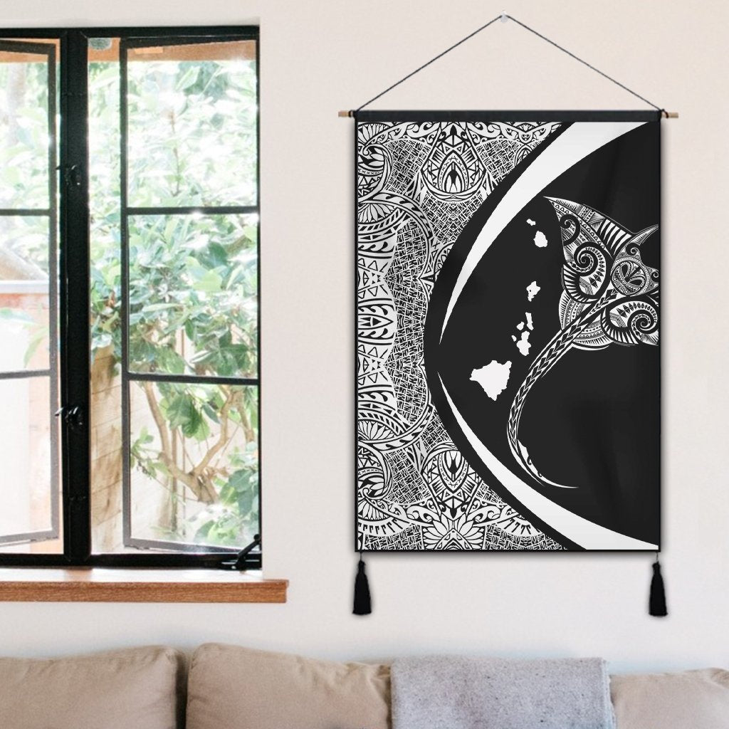 Hawaiian Map Manta Ray Polynesian Hanging Poster - White - Circle Style - AH - Polynesian Pride