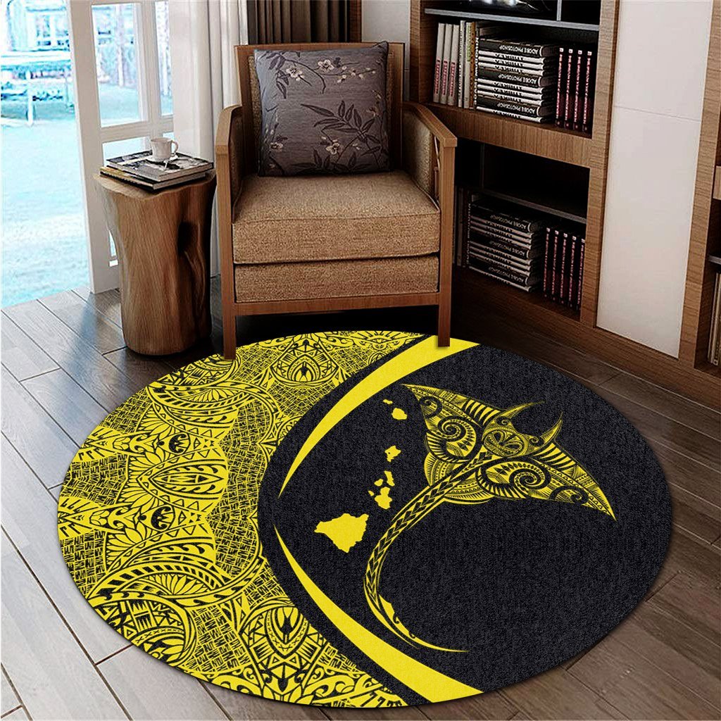 Hawaiian Map Manta Ray Polynesian Round Carpet - Yellow - Circle Style - AH - Polynesian Pride