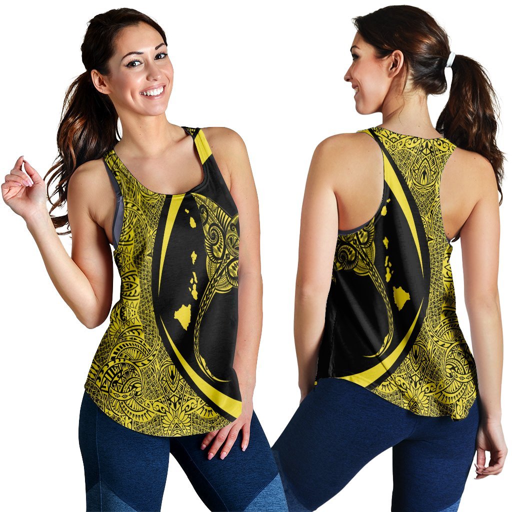 Hawaiian Map Manta Ray Polynesian Racerback Tank - Yellow - Circle Style - AH Black - Polynesian Pride
