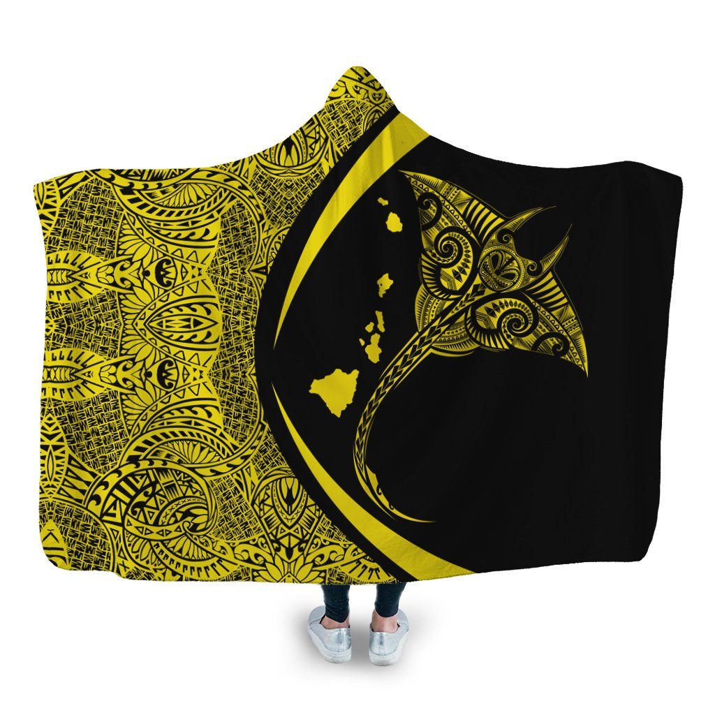 Hawaiian Map Manta Ray Polynesian Hooded Blanket - Yellow - Circle Style - AH Hooded Blanket White - Polynesian Pride