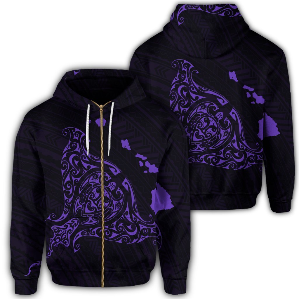 Hawaiian Map Manta Ray Purple Polynesian Zip Hoodie Unisex Art - Polynesian Pride