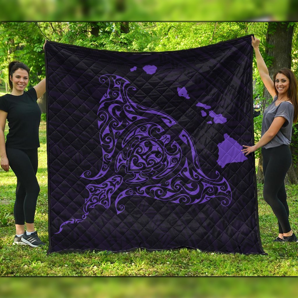 Hawaiian Map Manta Ray Purple Polynesian Premium Quilts - AH Black - Polynesian Pride