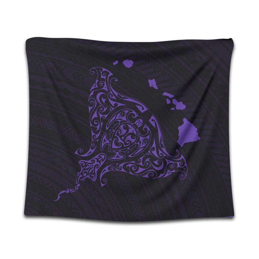 Hawaiian Map Manta Ray Purple Polynesian Tapestry - AH Wall Tapestry Black - Polynesian Pride