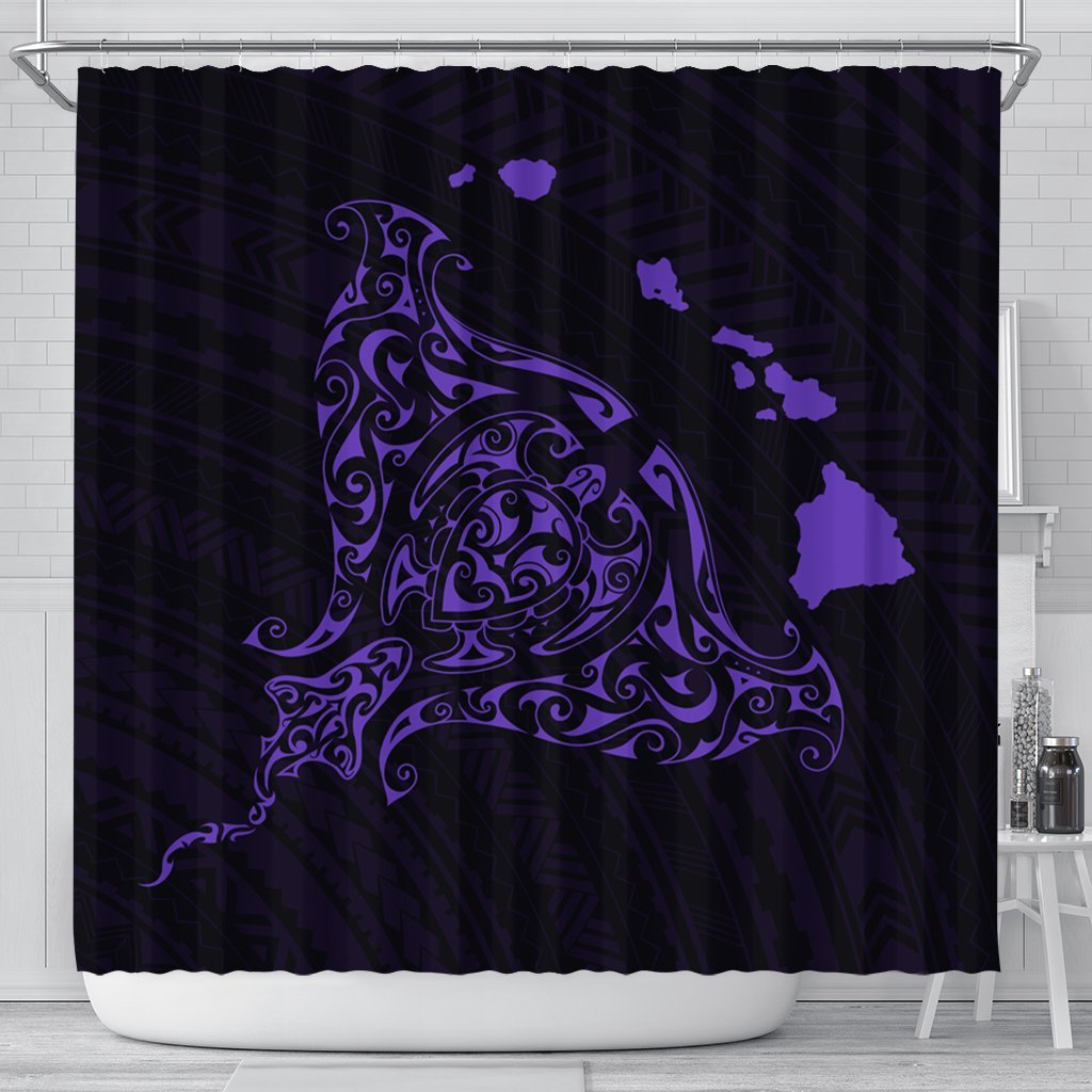 Hawaiian Map Manta Ray Purple Polynesian Shower Curtain - AH 177 x 172 (cm) Black - Polynesian Pride