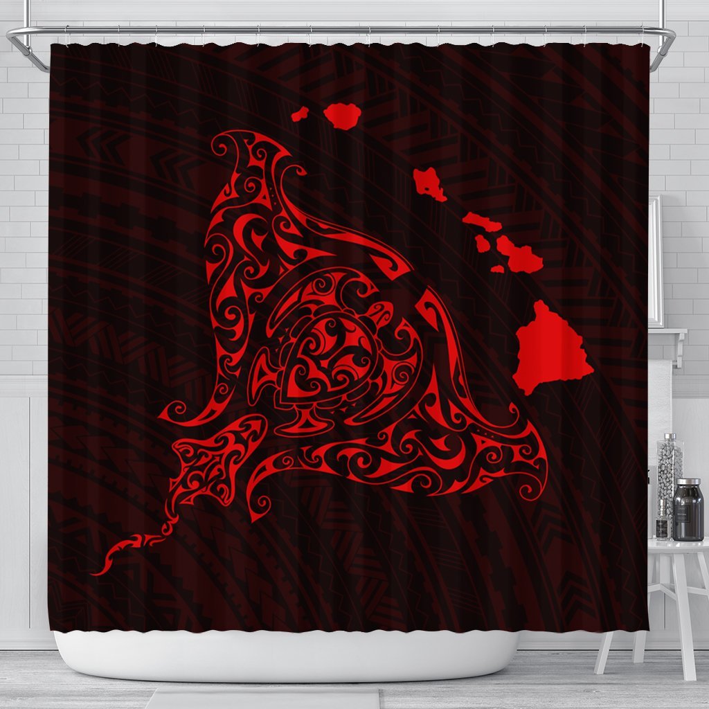 Hawaiian Map Manta Ray Red Polynesian Shower Curtain - AH 177 x 172 (cm) Black - Polynesian Pride