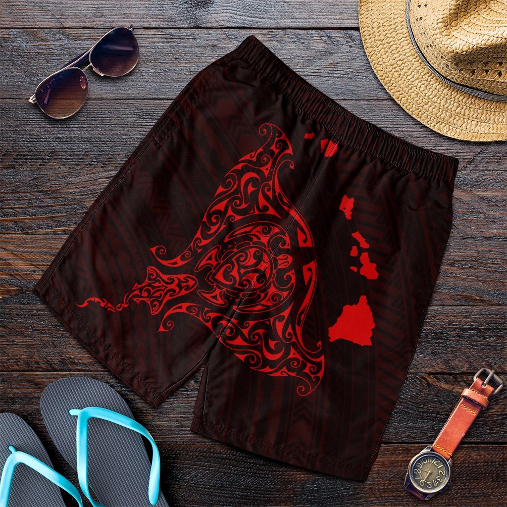 Hawaiian Map Manta Ray Red Polynesian Men's Shorts - AH Art - Polynesian Pride
