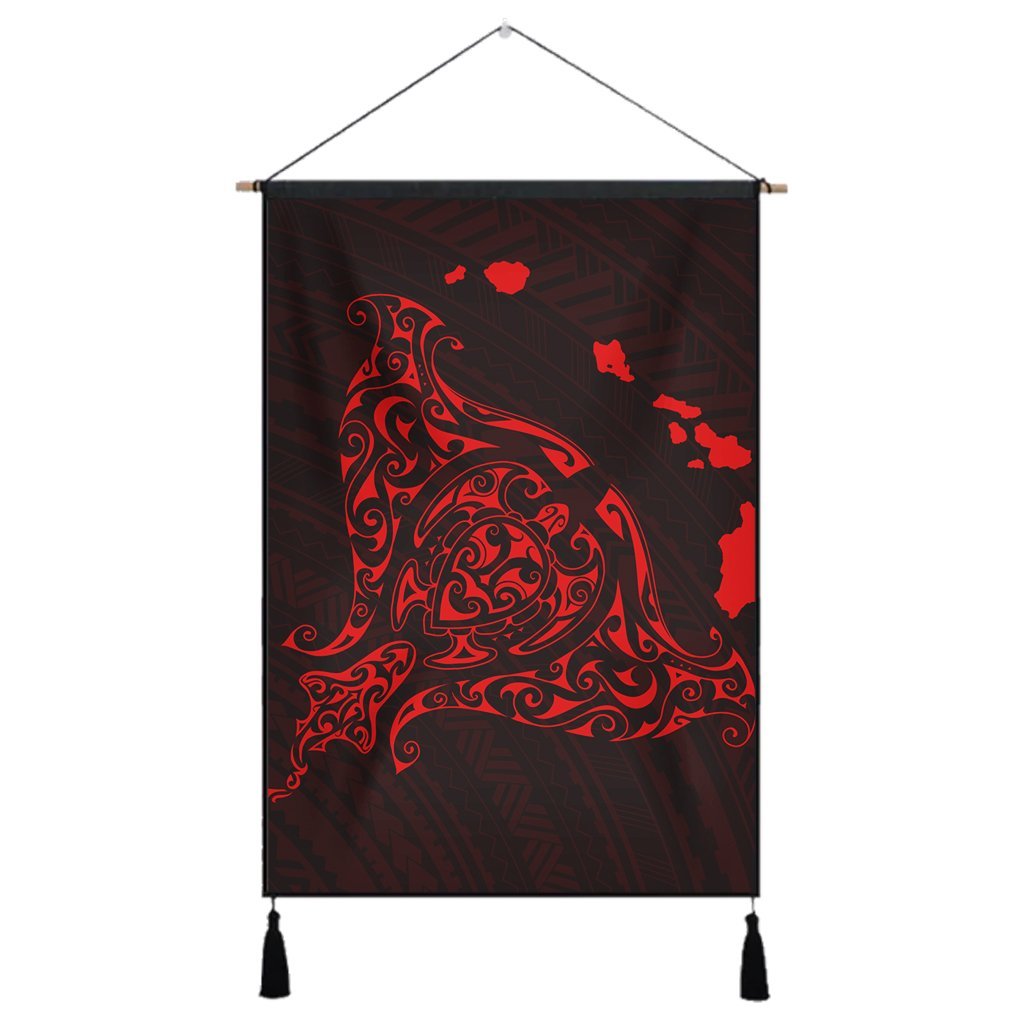 Hawaiian Map Manta Ray Red Polynesian Hanging Poster - AH Hanging Poster Cotton And Linen - Polynesian Pride