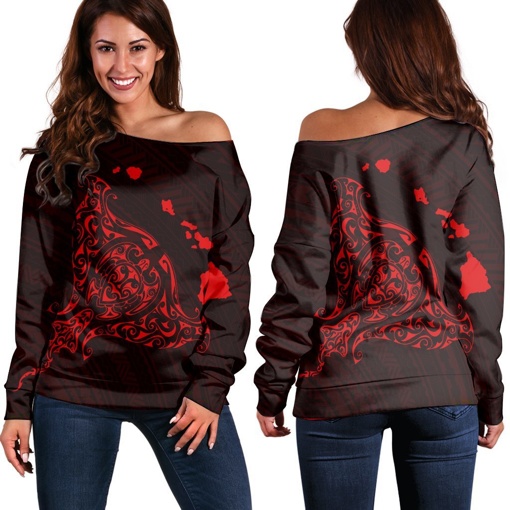 Hawaiian Map Manta Ray Red Polynesian Women's Off Shoulder Sweater - AH Black - Polynesian Pride