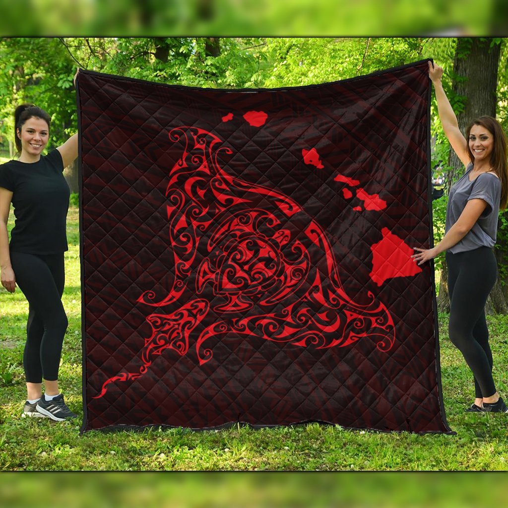 Hawaiian Map Manta Ray Red Polynesian Premium Quilts - AH Black - Polynesian Pride