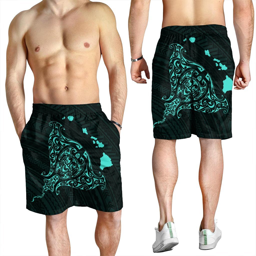 Hawaiian Map Manta Ray Turquoise Polynesian Men's Shorts - AH - Polynesian Pride