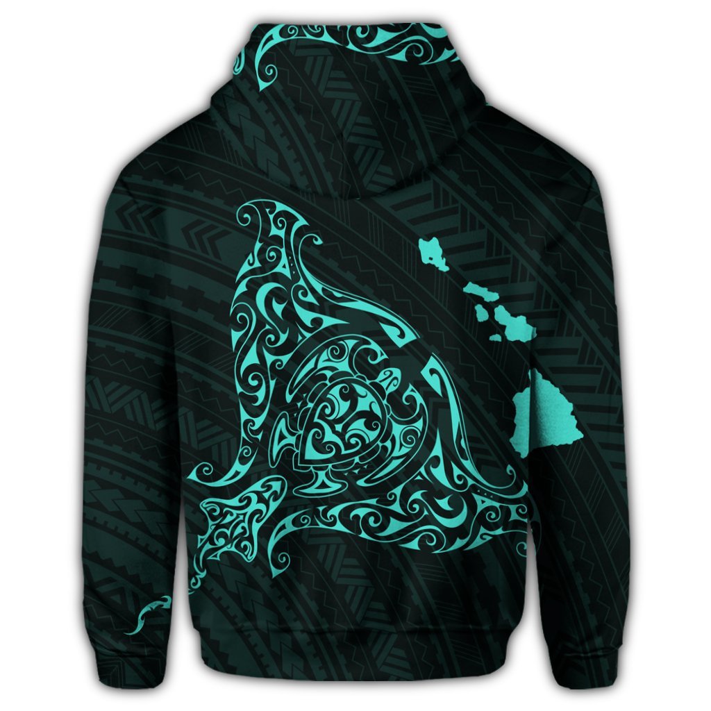 Hawaiian Map Manta Ray Turquoise Polynesian Zip Hoodie - Polynesian Pride