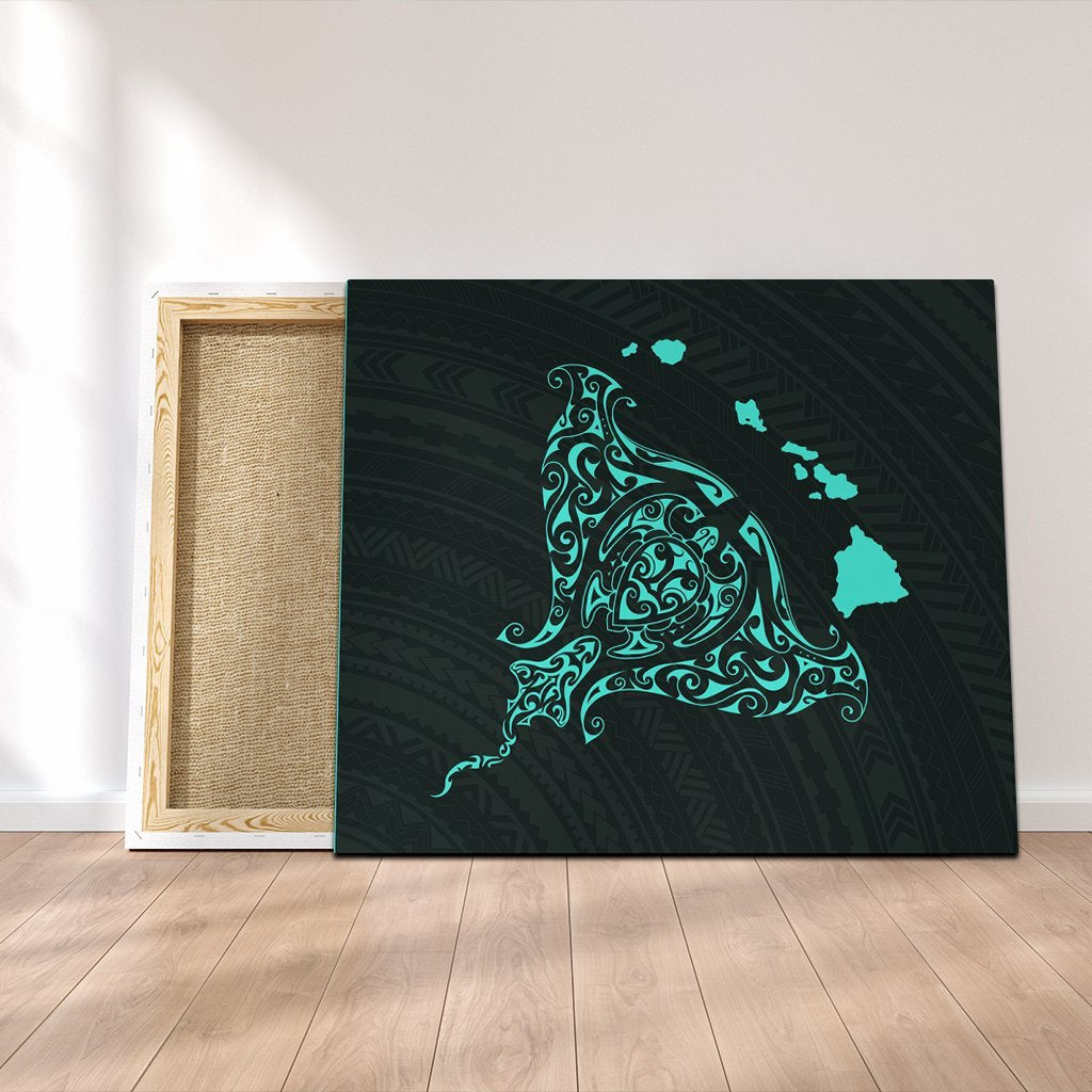 Hawaiian Map Manta Ray Turquoise Polynesian Canvas - AH Canvas Poly-cotton - Polynesian Pride