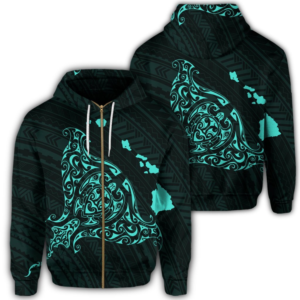 Hawaiian Map Manta Ray Turquoise Polynesian Zip Hoodie Unisex Art - Polynesian Pride