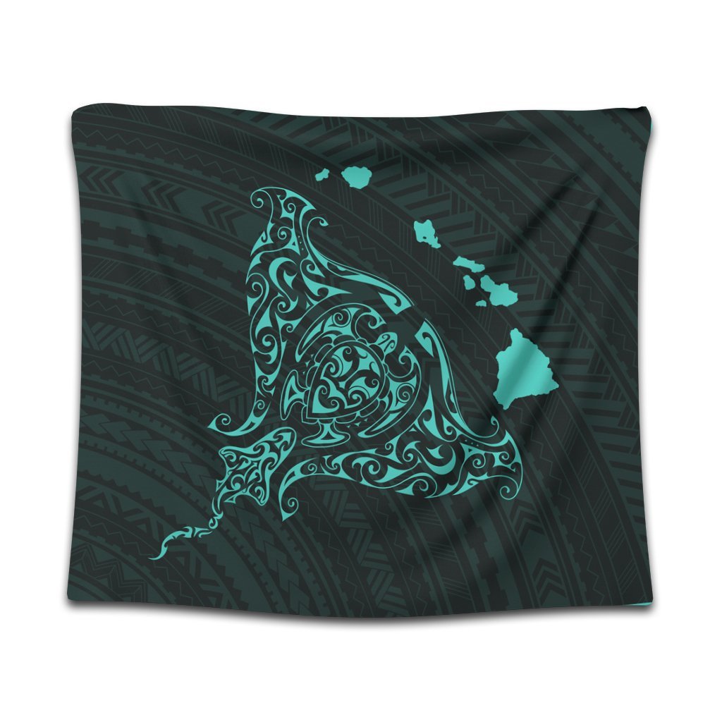 Hawaiian Map Manta Ray Turquoise Polynesian Tapestry - AH Wall Tapestry Black - Polynesian Pride