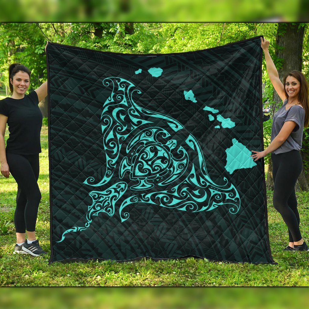 Hawaiian Map Manta Ray Turquoise Polynesian Premium Quilts - AH Black - Polynesian Pride