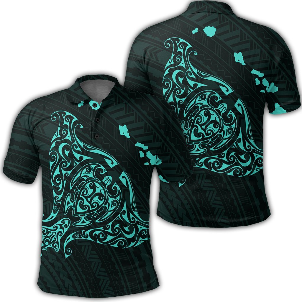 Hawaiian Map Manta Ray Turquoise Polynesian Polo Shirt Unisex Black - Polynesian Pride