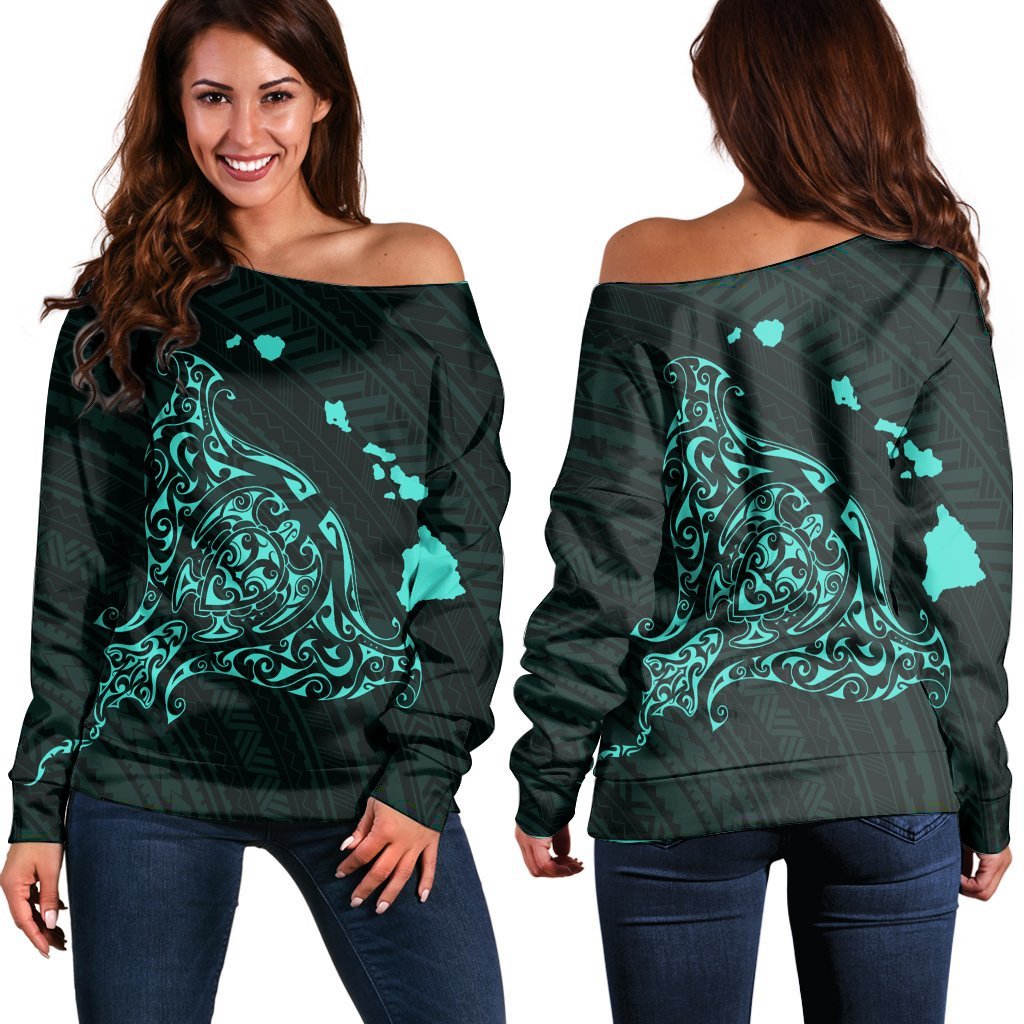 Hawaiian Map Manta Ray Turquoise Polynesian Women's Off Shoulder Sweater - AH Black - Polynesian Pride