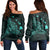 Hawaiian Map Manta Ray Turquoise Polynesian Women's Off Shoulder Sweater - AH Black - Polynesian Pride