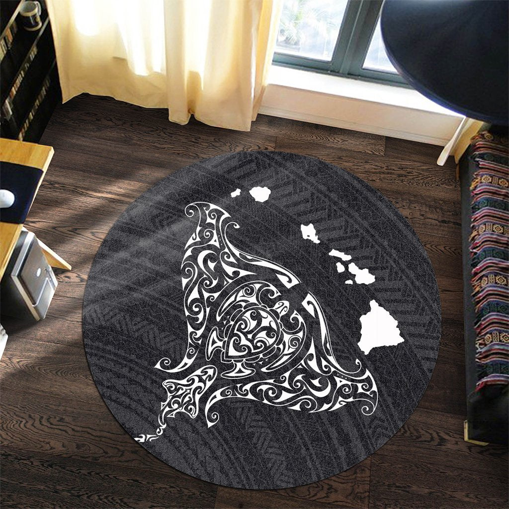 Hawaiian Map Manta Ray White Polynesian Round Carpet - AH - Polynesian Pride